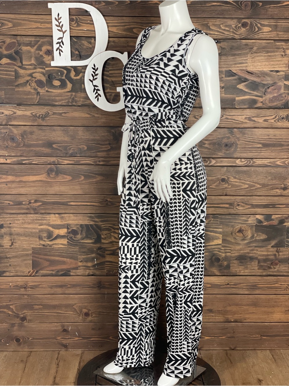 Calvin Klein | Black White Geometric Sleeveless Jumpsuit Tribal Pattern Jersey